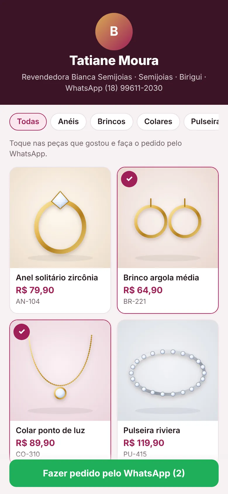 Catálogo com fotos das semijoias e pedido pelo WhatsApp