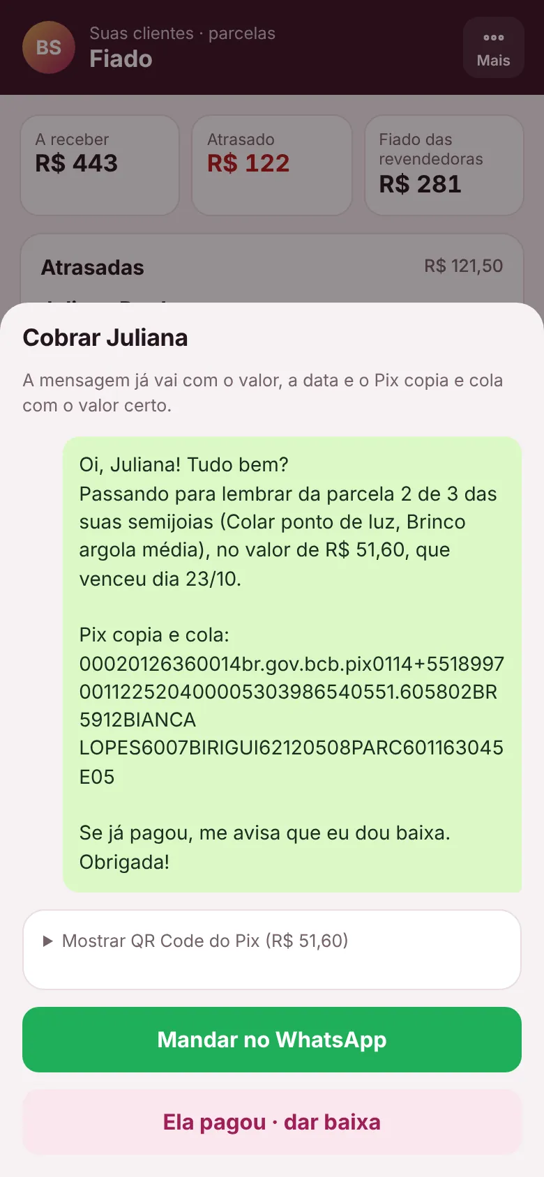 Cobrança de parcela com Pix copia e cola