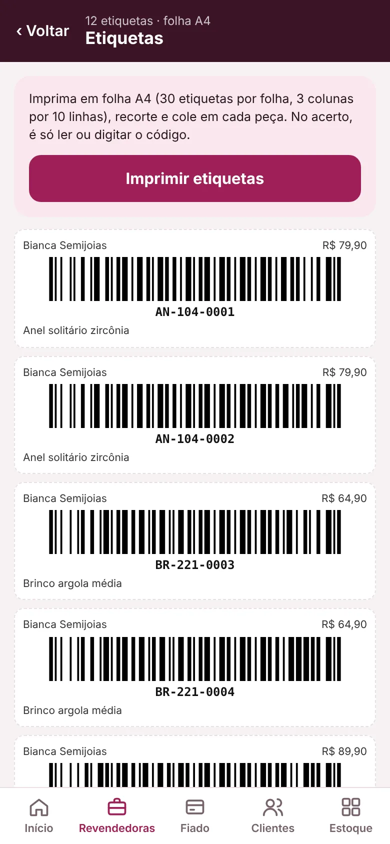 Etiquetas com código de barras da maleta