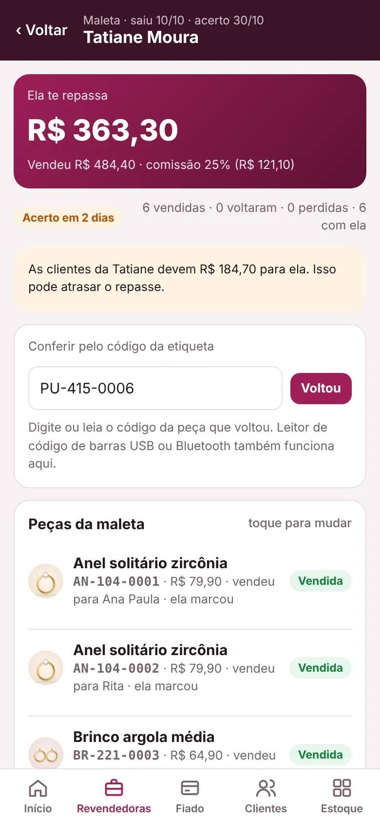 Maleta da revendedora com o repasse e as peças por código