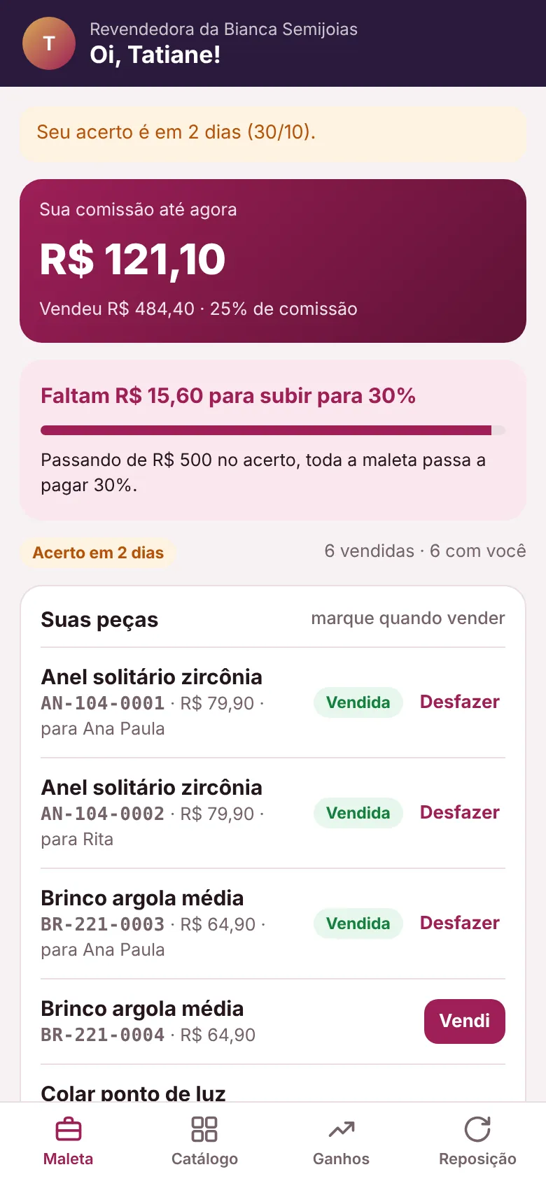 Link da revendedora com a comissão até agora e a meta